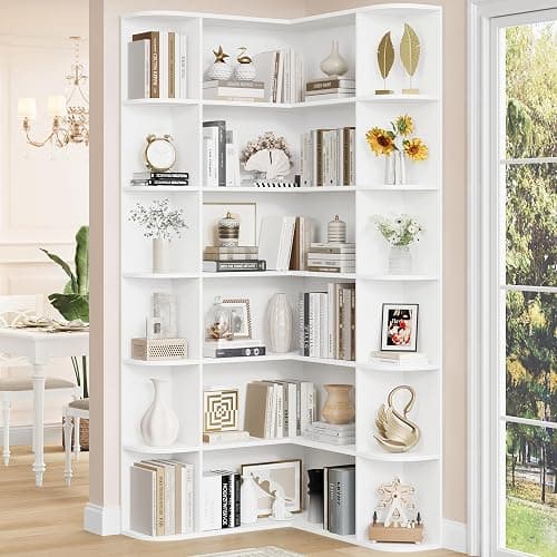 FOTOSOK 74” Tall Corner Bookshelf, 6-Tier Bookshelf and Bookcase with Open Storage, L Shaped Tall Bookcases Wooden Storage Shelves for Home Office, Thickened Boards for Better Load Bearing, White thumbnail 6