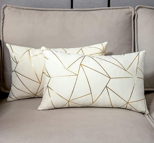 YONGLIU Pack of 2 Velvet Lumbar Throw Pillow Covers Velvet Decorative Soft Gold Foil Geometric Pattern Cute Cushion Case for Modern Homes Sofa Couch Bedroom Living Room Car (White and Gold, 12“X20”) thumbnail 2