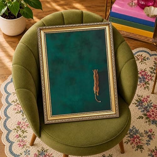 Vintage Gold Framed Cheetah Wall Art, Emerald Green leopard Pictures Wall Decor, Eclectic Wildlife Animal Paintings Canvas Prints Minimalist Home Decor for Living Room Bedroom Office Dorm 12x16 inch thumbnail 2