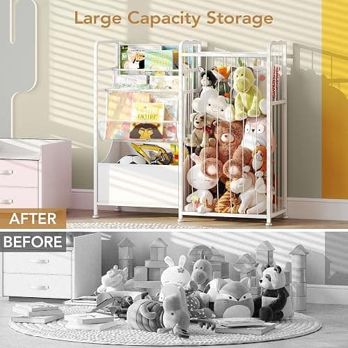 BBLIKE Kids Bookshelf and Stuffed Animal Storage - Multi-Function Nursery Book Shelves with Leather Toy Box and PVC Book Display, Toy Organizer for Playroom, Bedroom, Nursery, White thumbnail 4