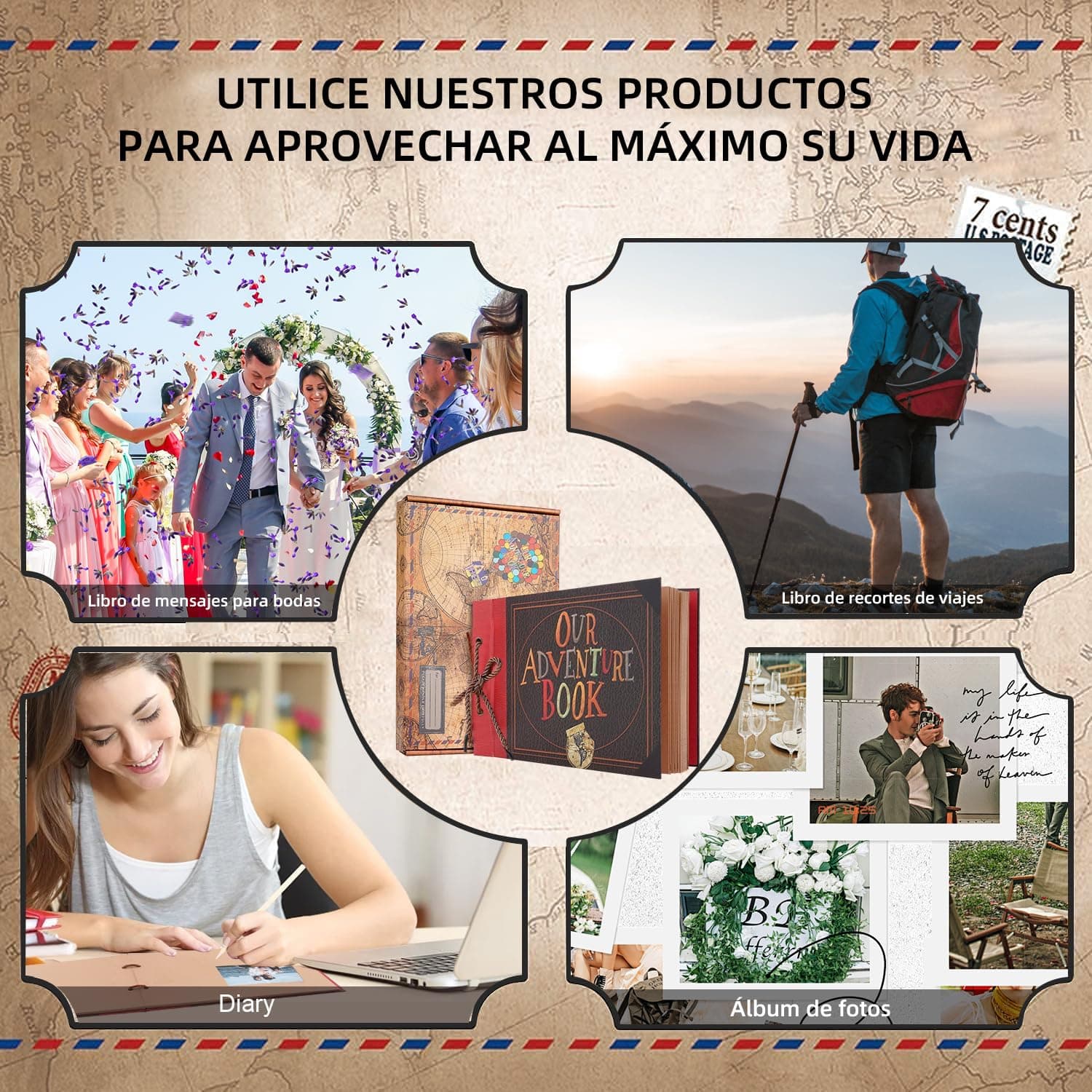Album de Fotos Nuestro Libro de Aventuras–DIY Scrapbook Kit Hecho a Mano,80 Páginas Expandible para Parejas,Regalo de Aniversario,Novios,Bodas o Familias (Incluye Adhesivos y Decoraciones) (Estilo Ⅰ) thumbnail 7