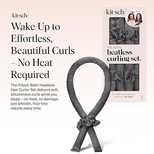 Kitsch Satin Heatless Hair Curler Set - Heatless Curls Overnight, Hair Rollers for Soft Curls & Frizz-Free Styling, No Heat Curlers To Sleep in, Curling Rod, Includes 2 Scrunchies - Charcoal thumbnail 2