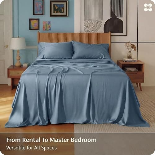 Bedsure PureWoven 100% Rayon Derived from Bamboo, Full Size Sheets, 4 PCS | Cooling Sheets for Hot Sleepers, Breathable & Silky Soft, 16" Deep Pocket, Hotel Luxury Bedding, Dusty Blue thumbnail 5