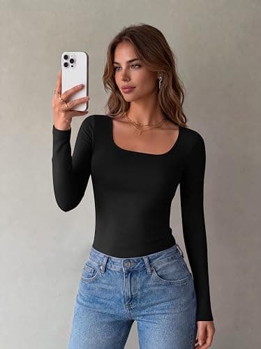 Zeagoo Long Sleeve Shirts for Women Square Neck Slim Fit Top Fall Basic Tee | Women 2026 fall clothes, scoop neck, business work top, undershirt tee thumbnail 2