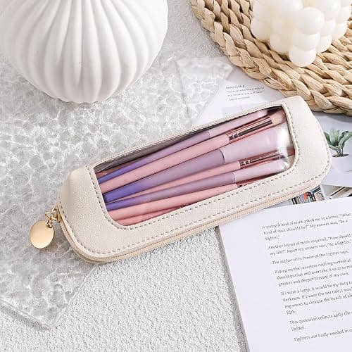 Psyqtsuary Small Clear Makeup Bag, PU Leather Travel Makeup Brush Case Portable Transparent Waterproof Cosmetic Organizer Pouch with Zipper for Women Home Travel Office Cosmetic Storage (Beige) thumbnail 2