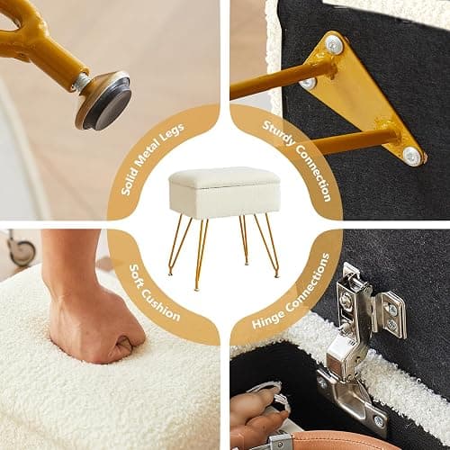 Alessing Vanity Stool Chair Ottoman with Storage, Sherpa Vanity Chair for Makeup Room, Rectangle Vanity Stools with Metal Legs, Soft Makeup Stool Footrest Footstools for Bedroom Living Room, White thumbnail 6
