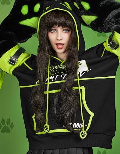 Micotaku Women's Miraculous Cat Noir Pullover Hoodie Detachable Furry Cat Paw Gloves Handbag Hooded Sweatshirt thumbnail 7