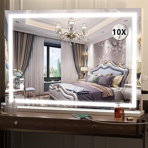 Hasipu Kosmetikspiegel mit Lichtern, 80 x 55cm LED Schminkspiegel, beleuchteter Schminkspiegel mit dimmbaren 3 Modi, Kosmetikspiegel mit Touchscreen Steuerung, Quadratisch Weiß - Image 1