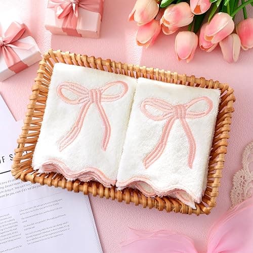 Fanfanwin 2 Pcs White Bow Scalloped Hand Towels for Bathroom 26 x 13 Inch | Soft Embroidery Farmhouse Bath Towels 100% Cotton Absorbent Boho Coquette Bath Decor for Kitchen Bathroom thumbnail 6