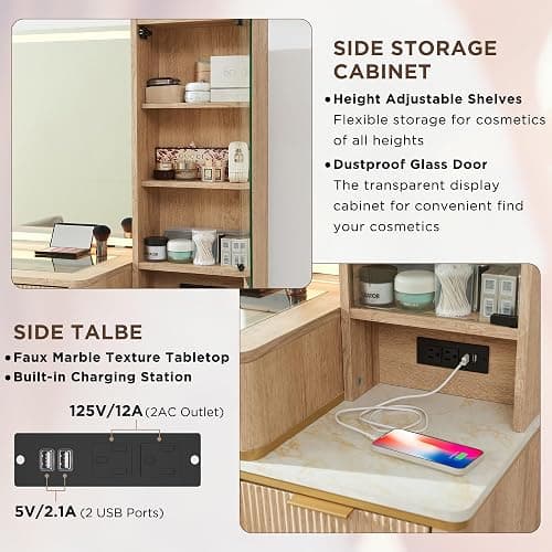 T4TREAM Fluted Makeup Vanity Desk with 36" HD Lighted Mirror, 48" Big Modern Vanity Desk with Mirror and Lights, Dressing Table with 5 Drawers & Shelves, Glass Top for Bedroom (Natural Oak) thumbnail 6