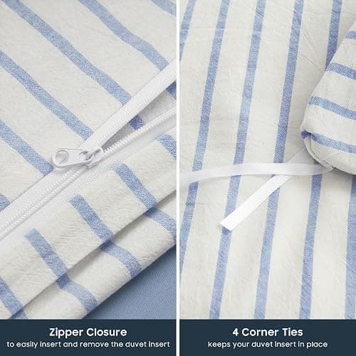 Wake In Cloud - Striped Cotton Duvet Cover Set, Ticking Stripe Vertical Pinstripe Farmhouse, 100% Washed Cotton Textured Percale Bedding Set, 3 Pieces, Blue White, Twin Size thumbnail 7