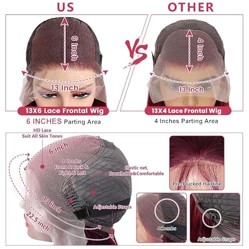 30 Inch Burgundy Wig Human Hair 13x6 99j Body Wave Lace Front Wigs Human Hair Pre Plucked Red Wig for Women 180 Density,100% Real Human Hair No Synthetic Blend No Tangle No Shedding Triple Lifespan 3X thumbnail 3