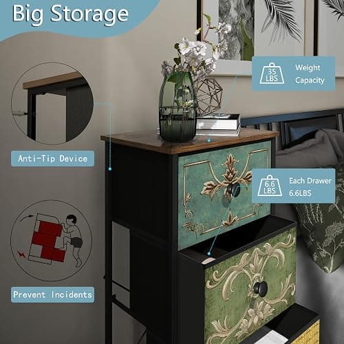 Tohomeor Small Dresser for Bedroom with Retro Flower Narrow Drawers Slim Chest of Drawers Skinny Nightstand Sofa End Table for Living Room Entryway Closet Storage (Multi, 3 Drawers) thumbnail 6