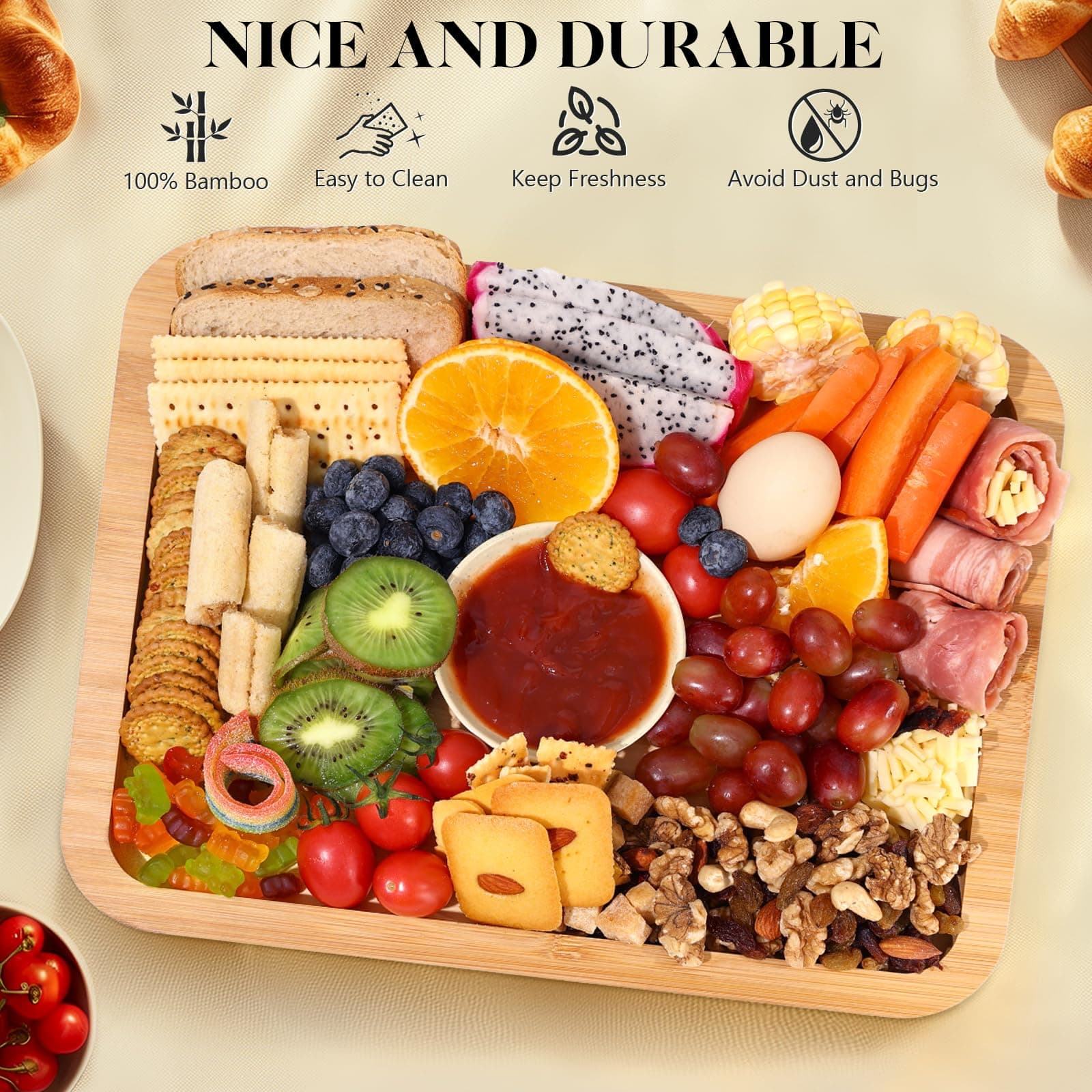 Feshory Premium Charcuterie Board with Clear Locking Lid for Appetizers & Snacks - Cheese Bamboo Board, Serving Tray Ideal for Food Lovers and Parties thumbnail 4