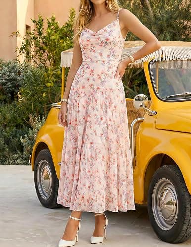 ZESICA Women's Summer Floral Sleeveless Maxi Dress 2026 Boho Mesh Beach Wedding Guest Spaghetti Strap Flowy Long Dresses thumbnail 5