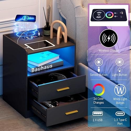 dnbss Black LED Nightstand with Charging Station, Modern Night Stands with 24-Color RGB LED Lights, Smart Lighted Black Bedside Table with 2 Drawers for Bedroom thumbnail 3