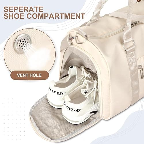 FIORETTO Womens Gym Tote Duffle Bag with Wet Pocket & Shoe Compartment, Sports Duffel Overnight Weekender Hospital Workout Carry on Bag for Girls, Ideal for Travel, Swimming, Dance, Ballet Beige thumbnail 5