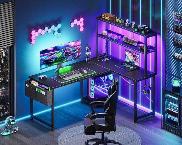 AODK L Shaped Desk Gaming Desk with LED Light & Power Outlet, 43 Inch Reversible L Shaped Computer Table with Shelf, Corner Desk with Storage Bag&Hook for Home Office Desk, Black thumbnail 2
