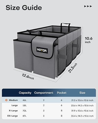 HOTOR Trunk Organizer - Foldable Car Organizer for SUVs & Sedans Storage | Sturdy Car Organization for Men & Women, Car Accessories, Tools, Sundries, Grey, 2 Compartments, 21.3" x 12.6" x 10.6" thumbnail 2