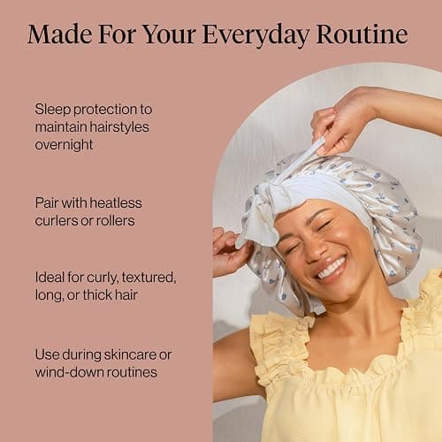 Kitsch XL Satin Bonnet for Sleeping - Softer Than Silk Bonnet For Sleeping Women, Secure Fit Adjustable Night Cap For Curly & Textured Hair & Prevents Breakage - Pearlized Cream & Coastal Blue Print thumbnail 6