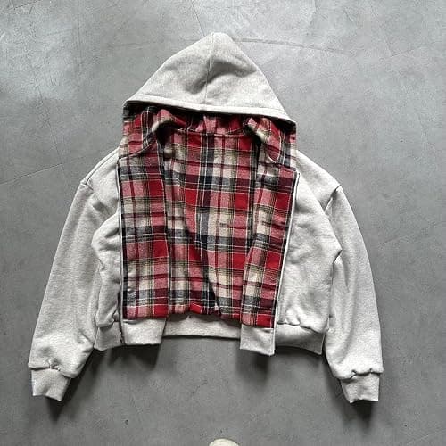 Lunoakvo Mens Oversized Reversible Hoodies Women Plaid Preppy Hoodie Streetwear Vintage Zipper Hooded Sweatshirt thumbnail 3