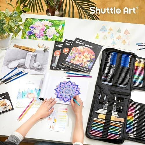 Shuttle Art 116 PCS Drawing Kit, Professional Drawing Supplies with Sketch, Charcoal, Colored, Graphite, Pastel Pencils & Sticks, Complete Drawing Tools and Paper Pads in Zipper Case for Artists&Kids thumbnail 2