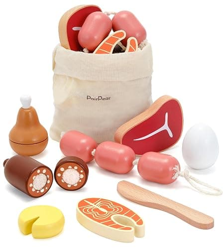 PairPear Wooden Toys Play Food Sets for Kids Kitchen, Kids Toy Food Cutting Meat Set for Toddlers 3+ Years Old, Pretend Food Play Kitchen Accessories for Girls and Boys - Image 1