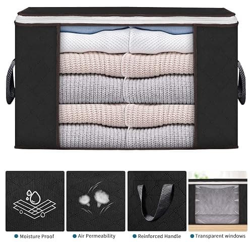 Large Storage Bags, 6 Pack Clothes Storage Bins Foldable Closet Organizers Storage Containers with Durable Handles Thick Fabric for Blanket Comforter Clothing Bedding 90 L (Black) - Black - 6 Pack thumbnail 4