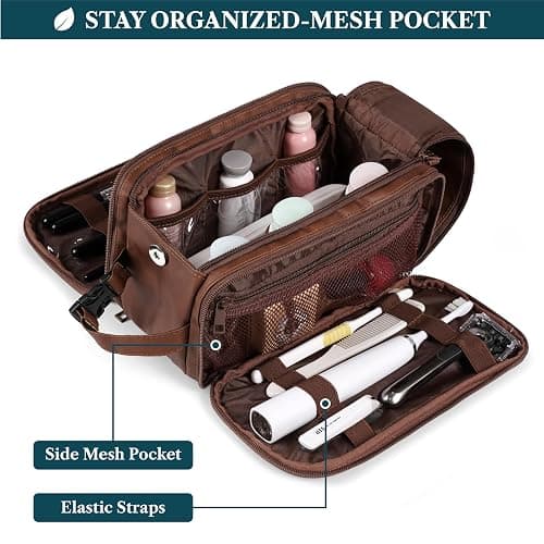 PAVILIA Toiletry Bag for Men Women, Mens Travel Bag Toiletries Organizer Case for Grooming, Travel Essentials Shaving Dopp Kit, PU Leather Water Resistant Cosmetic Pouch, Brown thumbnail 2
