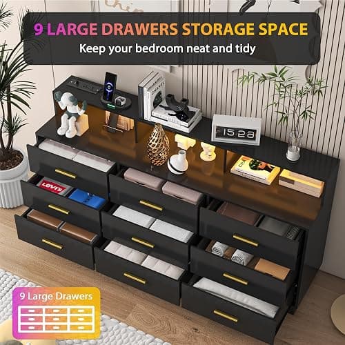 knoworld Black 9 Drawer Dressers for Bedroom, Modern Large Dresser with LED Light and Power Outlet, Wooden Long Dresser, Triple Dresser for Bedroom, Living Room, Entryway, Hallway thumbnail 3