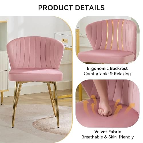 WUTUTUEE Velvet Vanity Chair, Modern Makeup Chair with Back Golden Legs, Small Cute Accent Chair for Vanity, Living Room, Bedroom, Pink thumbnail 3