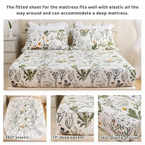 QSH 100% Cotton Sheets for King Size Bed, Yellow Flowers Plant Pattern Botanical Luxury Cotton Printed Floral Bedding King Size Sheet with Deep Pockets 17" Soft and Breathable 4pcs thumbnail 4