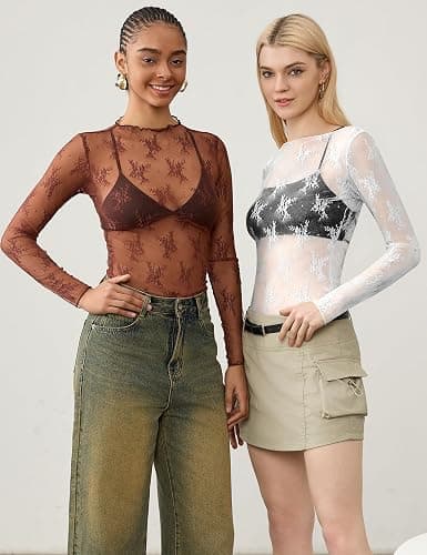 KTILG Womens Lace Long Sleeve Boat Neck Tops Sheer Blouse Sexy See Through Shirt Mesh Top S-XXL thumbnail 5
