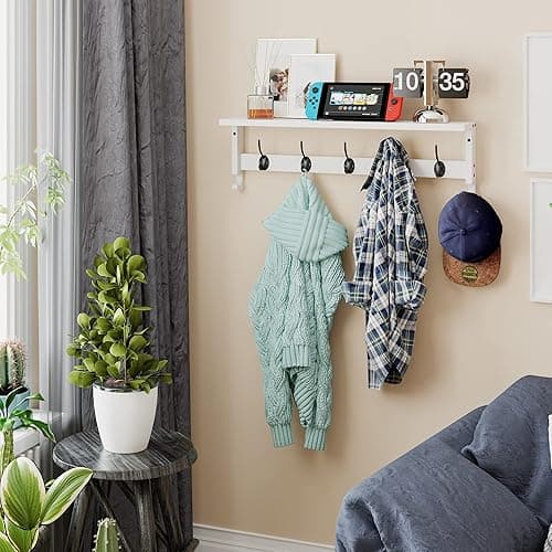 AMBIRD Coat Rack Wall Mount with Shelf, 28.9 Inches Coat Hooks Wall Mounted with 5 Hooks, Hat Wall Hooks for Hanging in Entryway, Living Room, Bathroom, Bedroom (White, 28.9 * 4.5 inches) thumbnail 4
