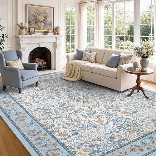 Amada Floral Washable Area Rug,8'x10',Light Blue | For Living Room,Bedroom,Dining Room,Machine Washable,Non-Slip Backing,Low-Profile Pile,Durable Edge Binding,Soft Texture - Image 1