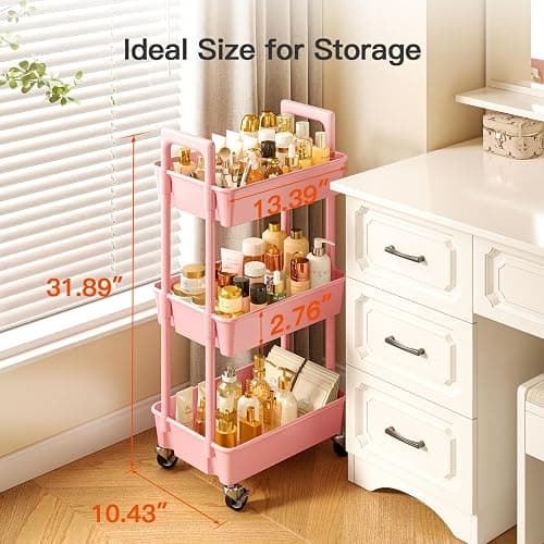 Pipishell 3 Tier Rolling Cart Organizer, Plastic Rolling Cart with Lockable Wheels & Reinforced Handle, Lightweight Utility Storage Cart for Nursery, Kitchen, Craft Room, Pink thumbnail 3