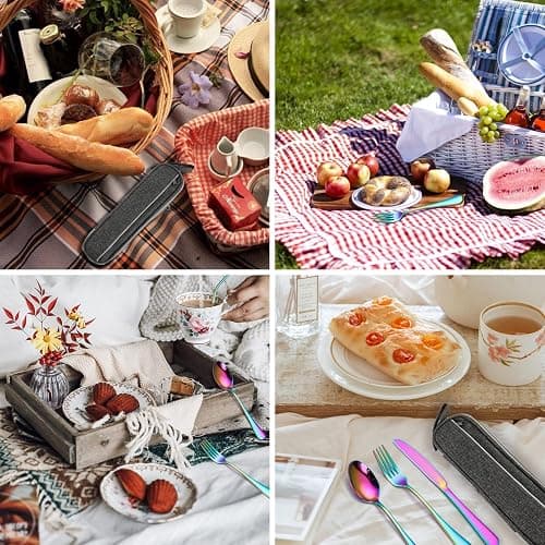 Portable Reusable Travel Utensils Silverware With Case, Camping Cutlery Set, Chopsticks and Straw, Flatware With Case, Stainless Steel Rainbow Top thumbnail 9