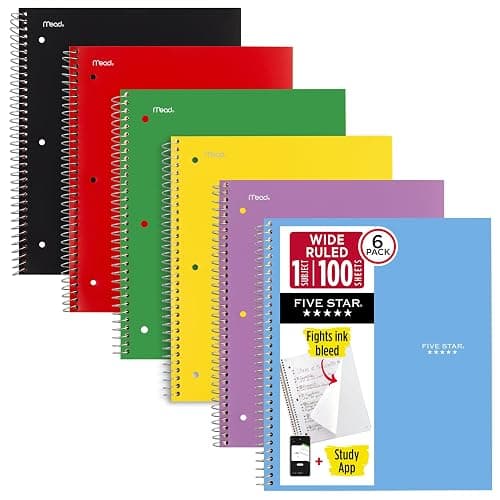 Five Star Spiral Notebook + Study App, 6 Pack, 1 Subject, Wide Ruled 8" x 10.5" Paper, 100 Sheets, Fights Ink Bleed, Water Resistant Cover, Assorted Colors (38042) - Image 1