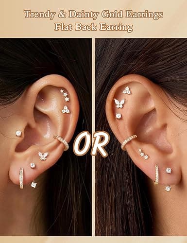 M MOOHAM Hypoallergenic Earring Jacket Stacks - 7 Pairs 14K Gold Plated Flat Back Earrings Dainty Huggie Hoop Cartilage Helix Earring Jacket, Fashion Accessories Western Jewelry Gifts thumbnail 2