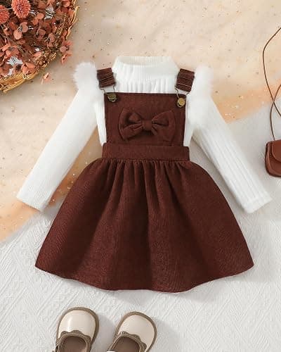 Megeoly Toddler Baby Girl Outfits Long Sleeve Ribbed T-Shirt Bow Overall Dresses Suspender Skirt Set Fall Winter Clothes thumbnail 4