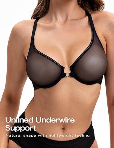 Deyllo Women's Front Closure Sexy See-Through Underwire Bra Sheer Unlined Racerback Bra for Everyday - 32B - Black thumbnail 2