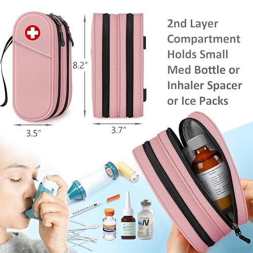 SITHON Double-Layer Epipen Carrying Case, Travel Medication Organizer Bag Emergency Medical Pouch Holds 2 EpiPens, Asthma Inhaler, Anti-Histamine, Auvi-Q, Allergy Medicine Essentials, (Pink) thumbnail 4