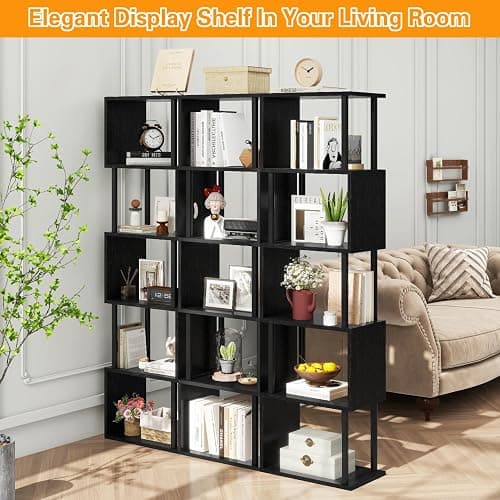 IBUYKE 6-Tier Tall Bookshelf,S-Shaped Geometric Bookcase, Wood Display Shelves with Storage,Modern Bookshelf for Living Room Bedroom, Home Office, Black WBC016B thumbnail 7