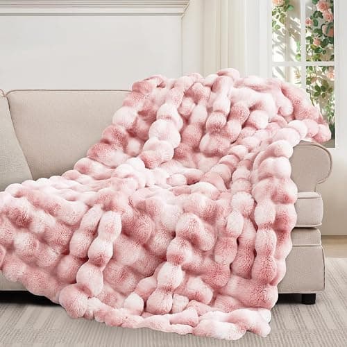 Luxury 1000GSM Faux Rabbit Fur Throw Blanket for Woman, Super Heavy Warm Cozy Blankets for Her for Couch Bed Sofa, Bubble Plush Fuzzy Elegant Soft Reversible Mink Blanket for Living Room Bedroom, Pink - Image 1