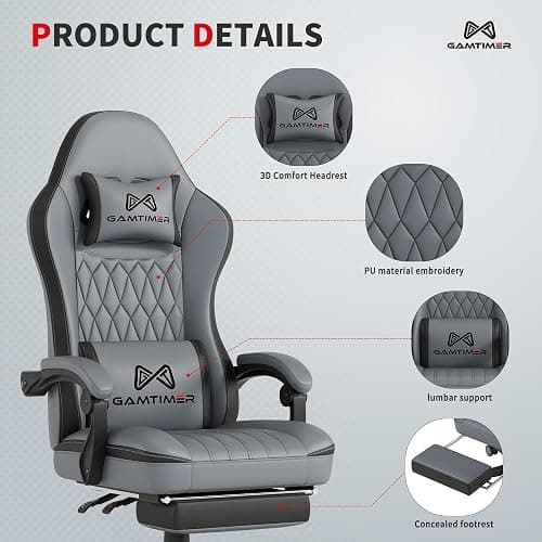 Gamtimer Gaming Chair with Footrest, Ergonomic Computer Chair, PU Breathable Material with Headrest and Lumbar Support, Suitable for Silla Gamer and Adults（Grey） thumbnail 4