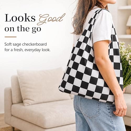 Ralxion Checkered Reusable Grocery Shopping Bags 4 Packs, Cute Checkerboard Foldable Kitchen Large Nano Tote Bags thumbnail 6