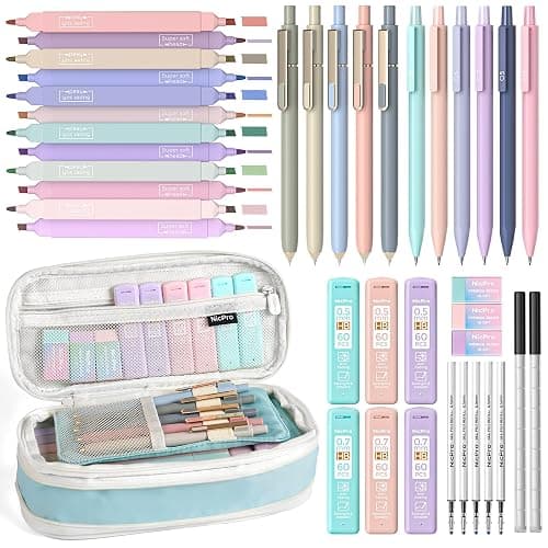 Nicpro School Supplies with Cute Pencil Case, 39 PCS Blue | Back to School Stationery Set, Essentials for College Nursing Student, 12 Pastel Highlighter, 6 Mechanical Pencil, 5 Gel Pen - Image 1