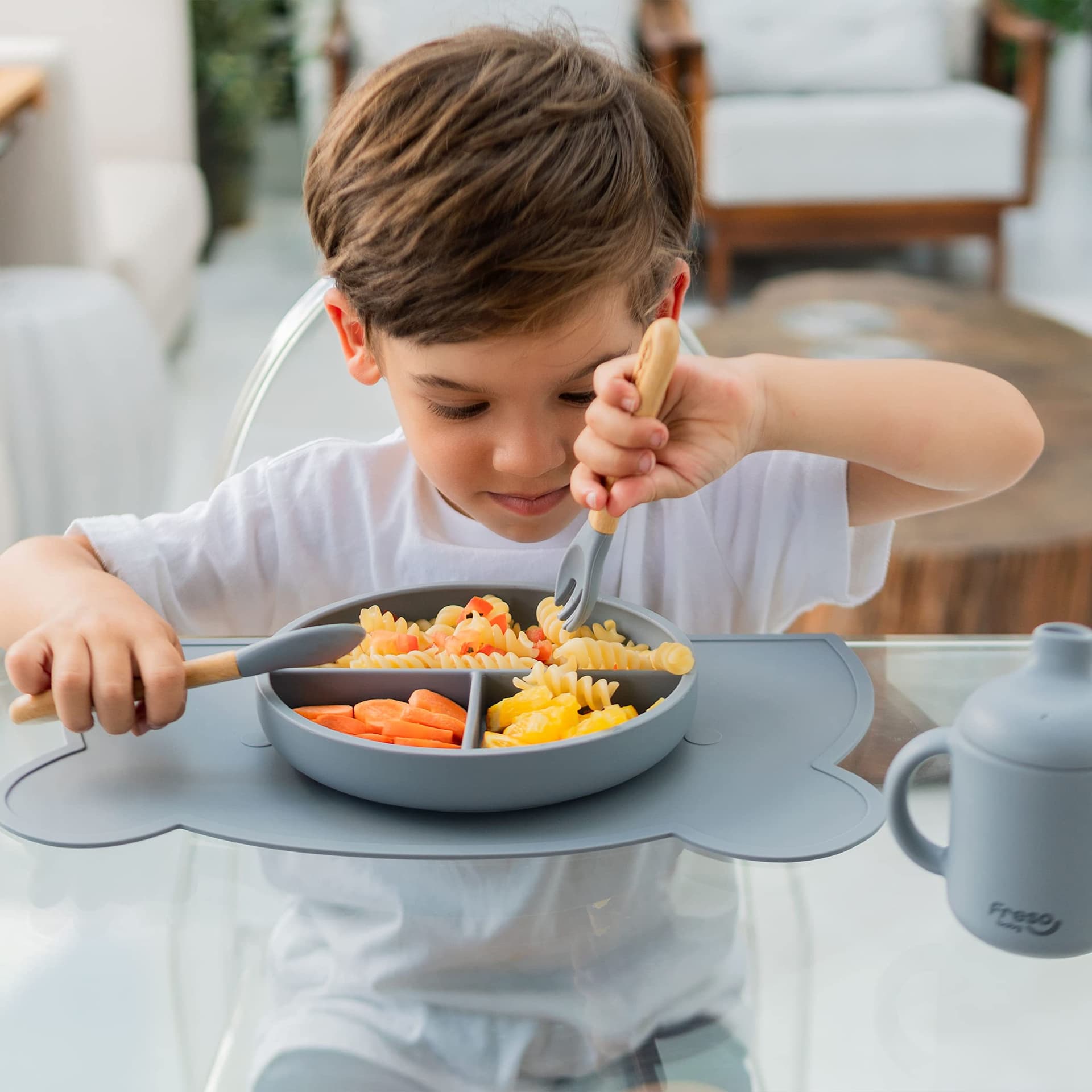 Freso Baby Kit Alimentação De Bebê Silicone Atóxico Livre Bpa Introdução Alimentar Blw Tigela Prato Ventosa Talher Infantil Fácil De Limpar Cor Cinza - Cinza thumbnail 6