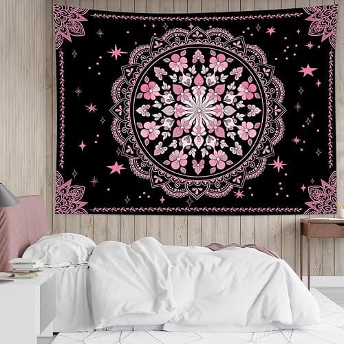 LB Black Floral Boho Tapestry Wall Hanging Pink and Black Bohemian Wall Tapestry Mandala Hippie Flower Wall Art for Bedroom Aesthetic Living Room Dorm Home Wall Decor, 60x40 Inches thumbnail 2