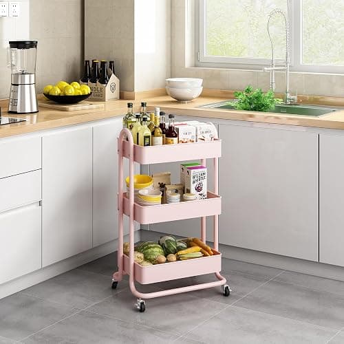 MIOCASA 3-Tier Metal Utility Rolling Cart, Heavy Duty Multifunction Cart with Lockable Casters, Easy to Assemble, Suitable for Office, Bathroom, Kitchen, Garden thumbnail 2